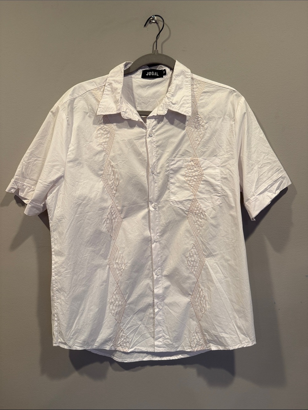 JOGAL Men's White Short Sleeve Cuban Guayabera Shirt - Size M